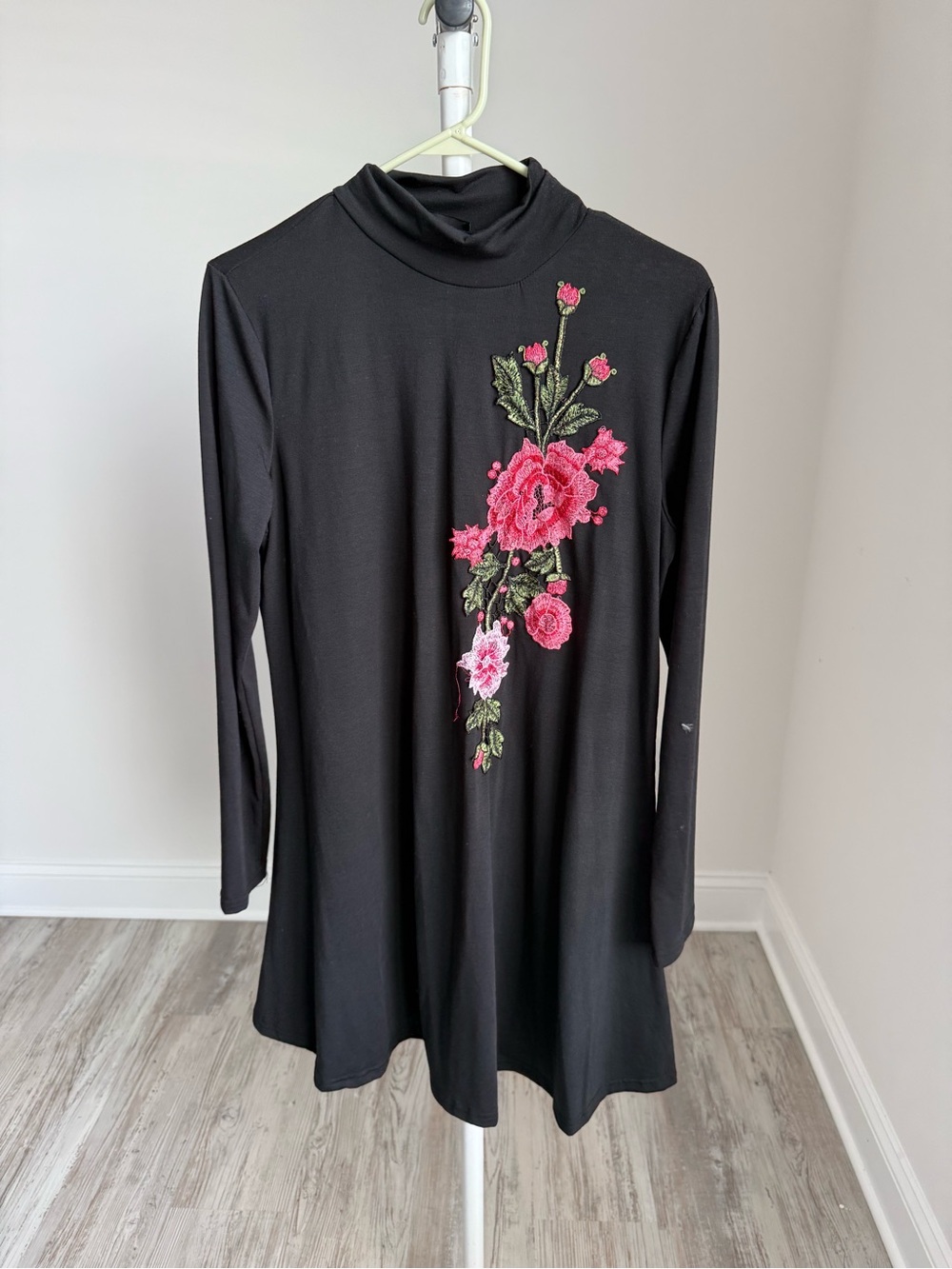 SHEIN Black Long-Sleeve Tunic with Pink Floral Embroidery